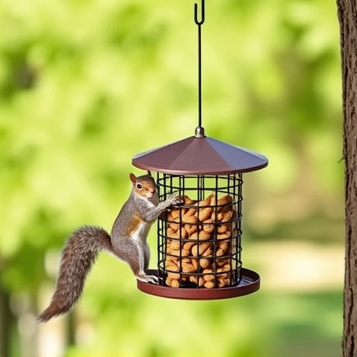 Hanging squirrel-proof peanut feeder outdoors