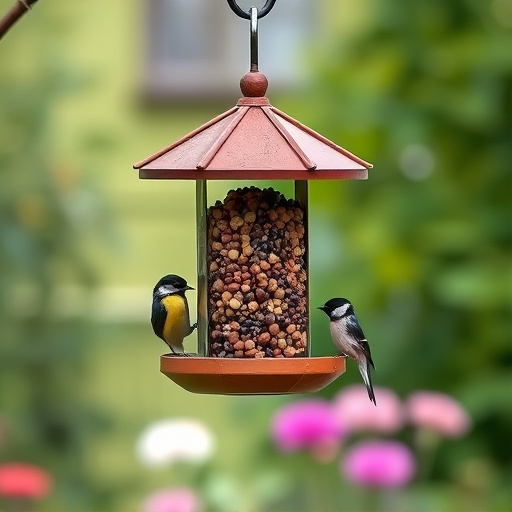 Hanging suet ball feeder in garden