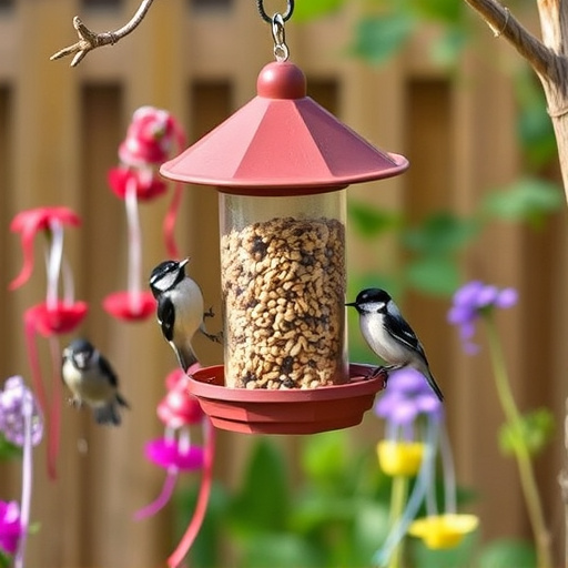 Hanging suet ball feeder in garden