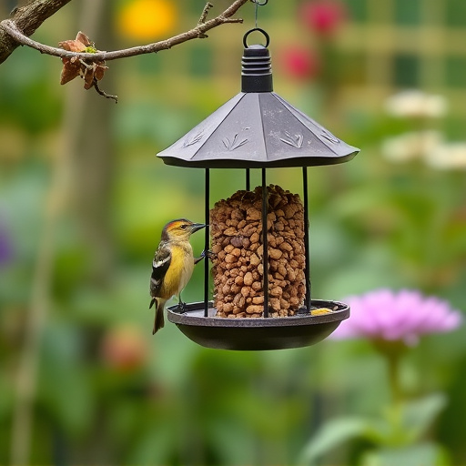 Hanging suet ball feeder in garden