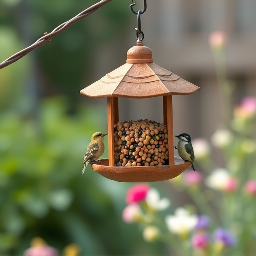 Hanging suet ball feeder in garden