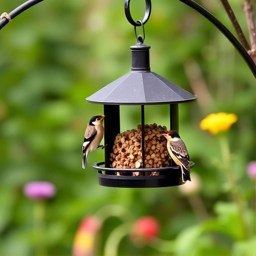 Hanging suet ball feeder in garden