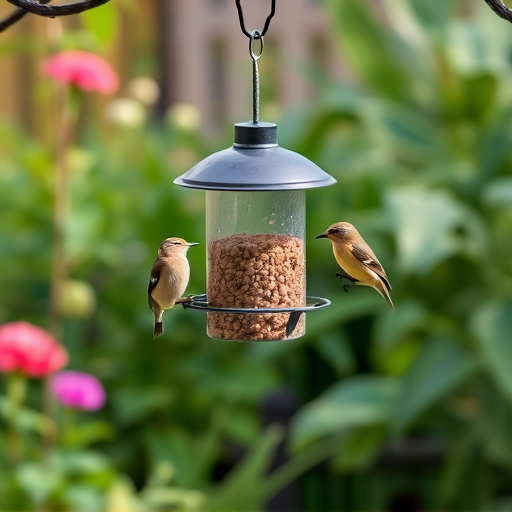 Hanging suet ball feeder in garden