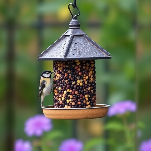 Hanging suet ball feeder in garden