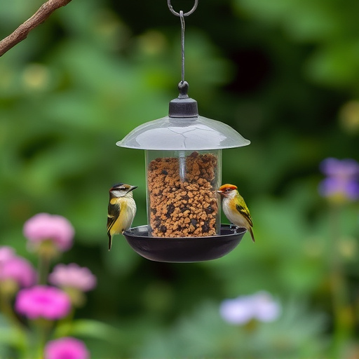 Hanging suet ball feeder in garden