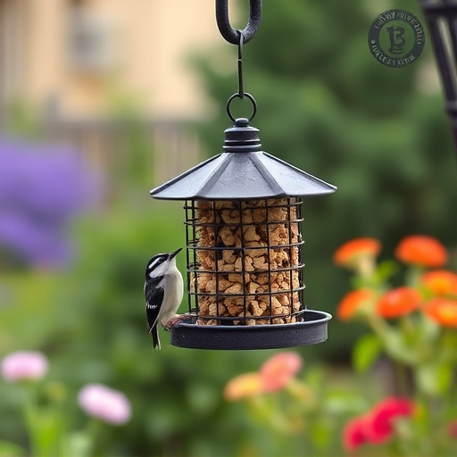 Hanging suet ball feeder in garden