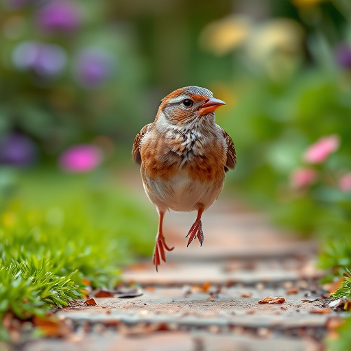 House sparrow hopping on garden path