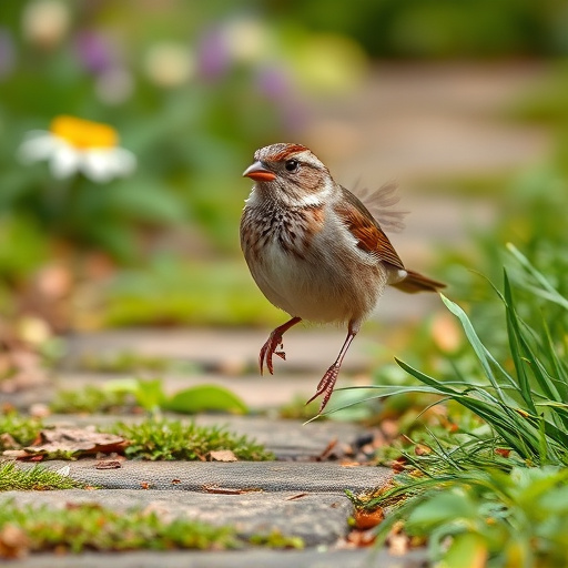 House sparrow hopping on garden path