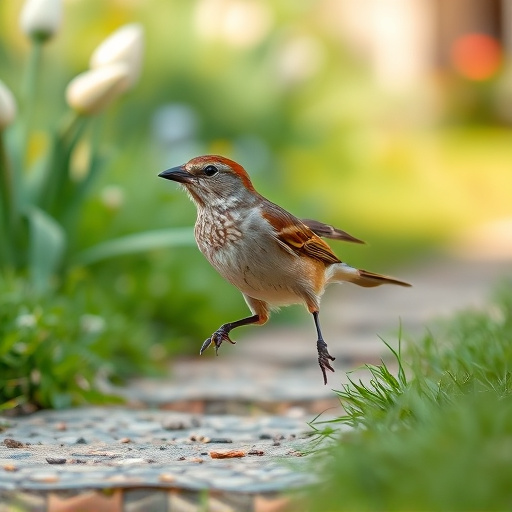 House sparrow hopping on garden path