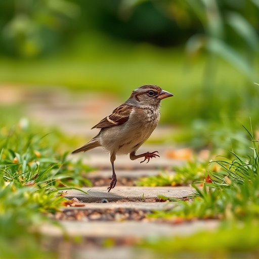 House sparrow hopping on garden path