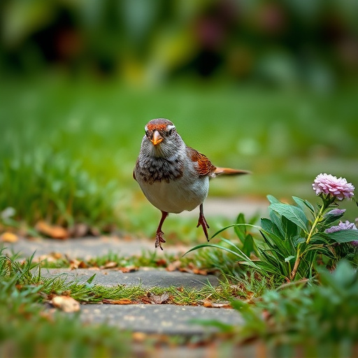 House sparrow hopping on garden path