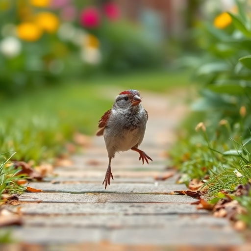 House sparrow hopping on garden path
