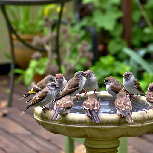 House sparrows gathered near bird bath