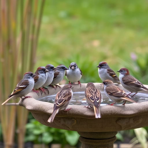 House sparrows gathered near bird bath
