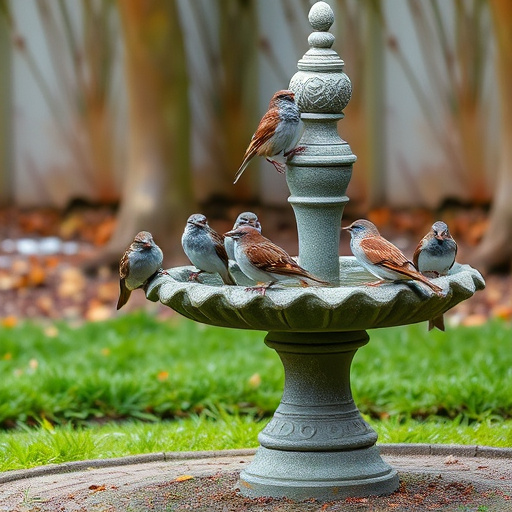 House sparrows gathered near bird bath