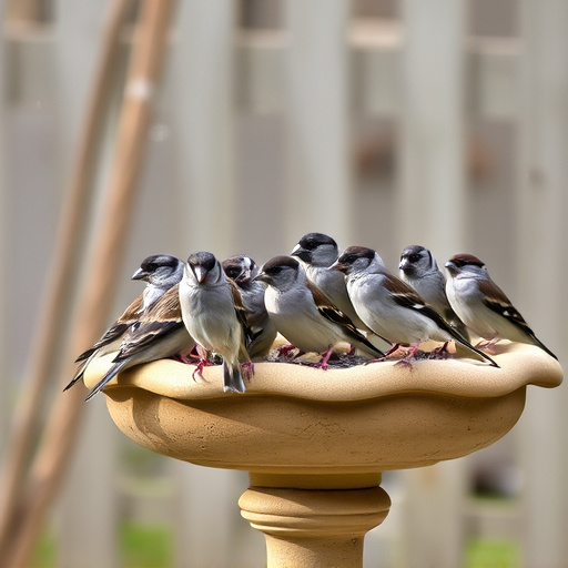 House sparrows gathered near bird bath