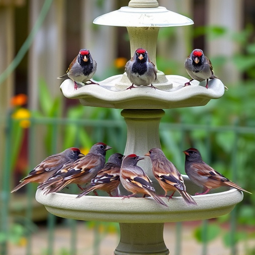 House sparrows gathered near bird bath