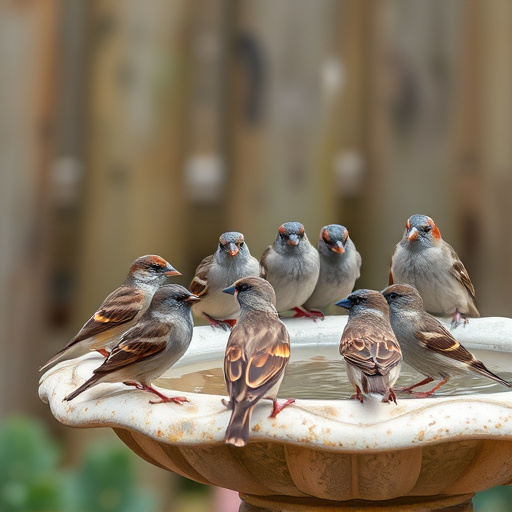 House sparrows gathered near bird bath