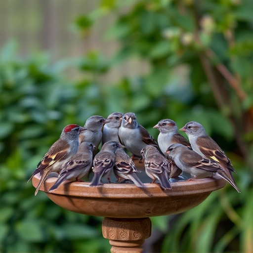 House sparrows gathered near bird bath