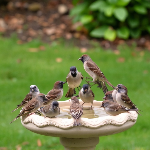 House sparrows gathered near bird bath