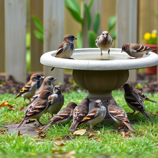 House sparrows gathered near bird bath