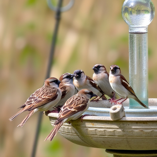 House sparrows gathered near bird bath