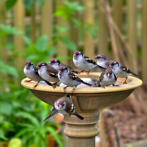 House sparrows gathered near bird bath