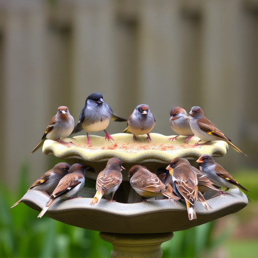 House sparrows gathered near bird bath