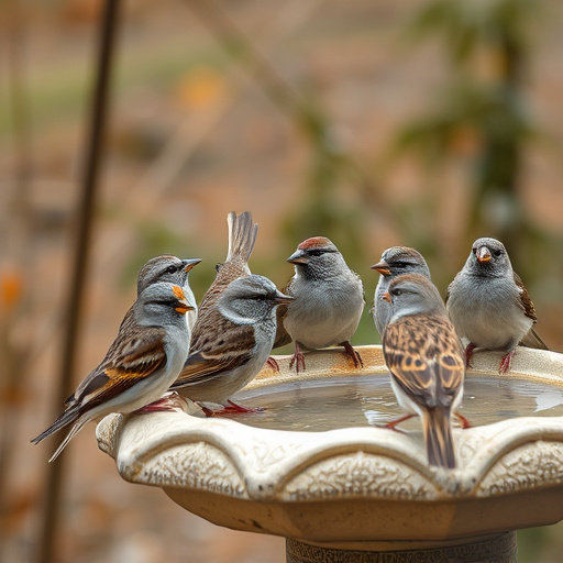 House sparrows gathered near bird bath