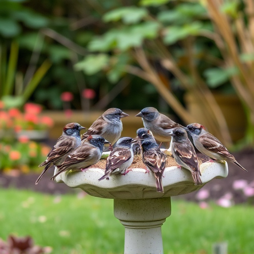 House sparrows gathered near bird bath