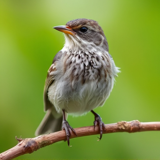 Juvenile robin with speckled chest feathers