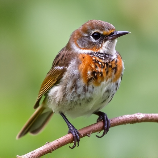 Juvenile robin with speckled chest feathers