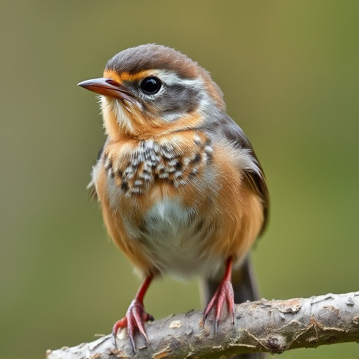 Juvenile robin with speckled chest feathers