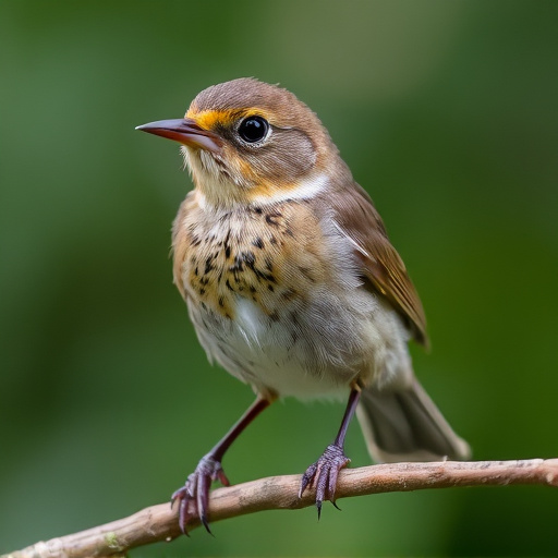 Juvenile robin with speckled chest feathers