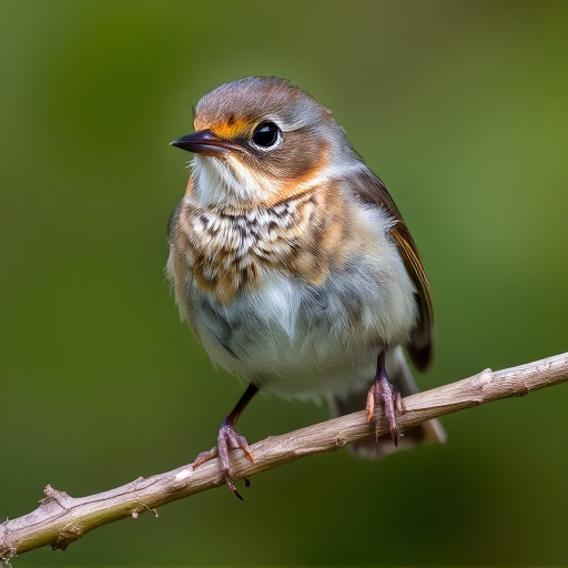 Juvenile robin with speckled chest feathers