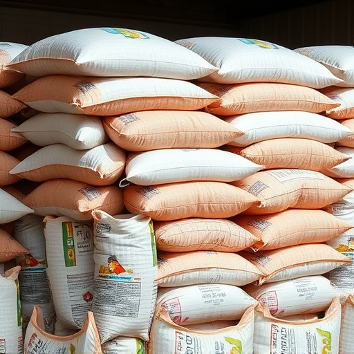 Large sacks of bird food stacked neatly