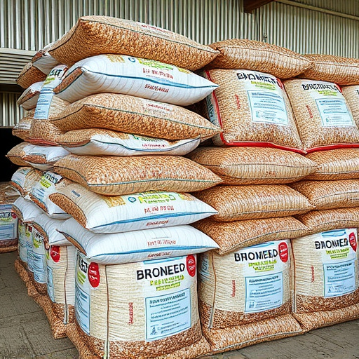 Large sacks of bird food stacked neatly