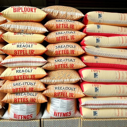 Large sacks of bird food stacked neatly