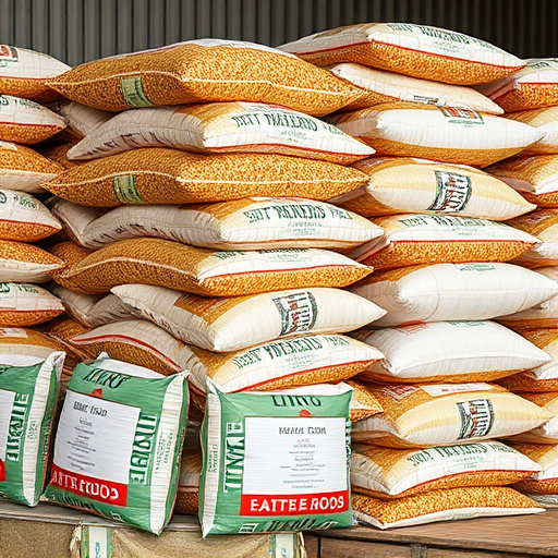 Large sacks of bird food stacked neatly
