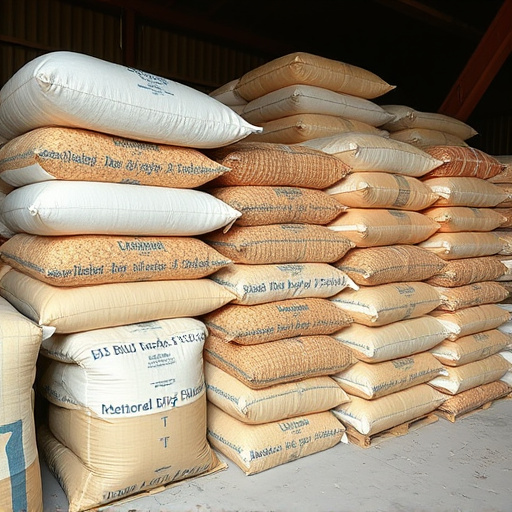 Large sacks of bird food stacked neatly