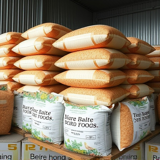 Large sacks of bird food stacked neatly