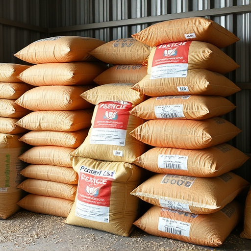 Large sacks of bird food stacked neatly