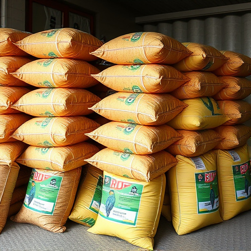 Large sacks of bird food stacked neatly