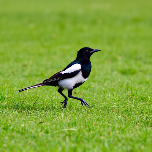 Magpie strutting across grassy lawn