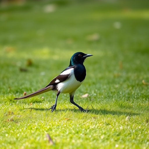 Magpie strutting across grassy lawn