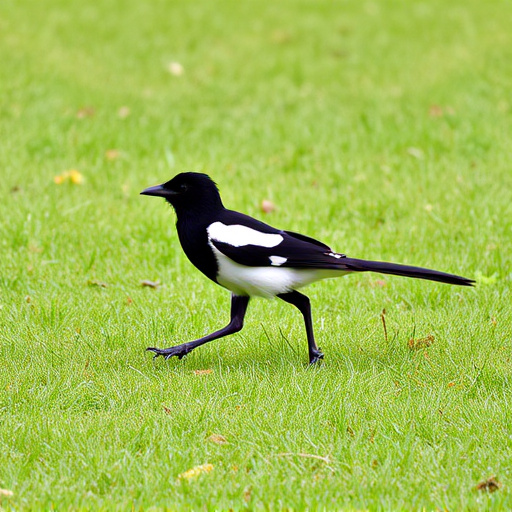 Magpie strutting across grassy lawn
