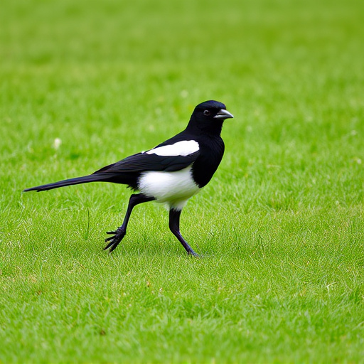 Magpie strutting across grassy lawn