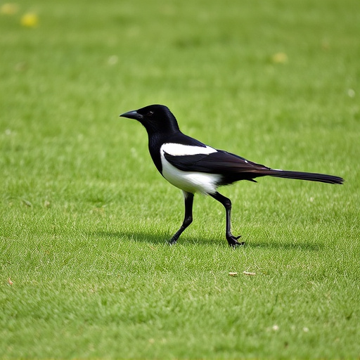 Magpie strutting across grassy lawn