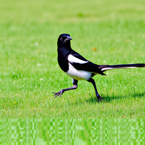 Magpie strutting across grassy lawn