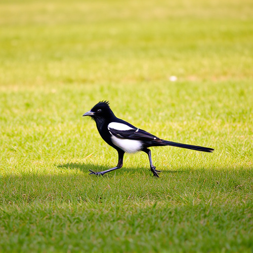 Magpie strutting across grassy lawn